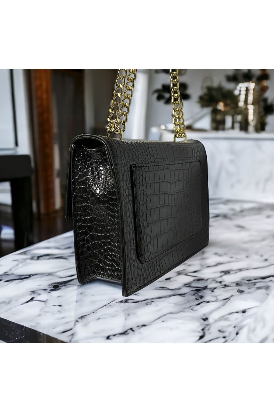 Sac à main inspi motif croco noir - 1