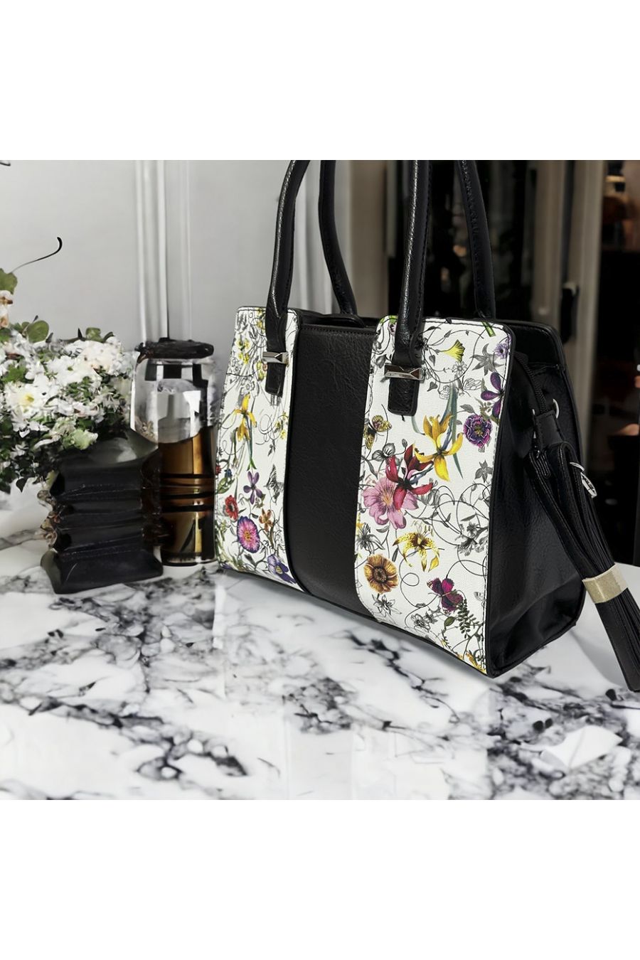 Sac à main inspi noir avec motif fleuris  - 3