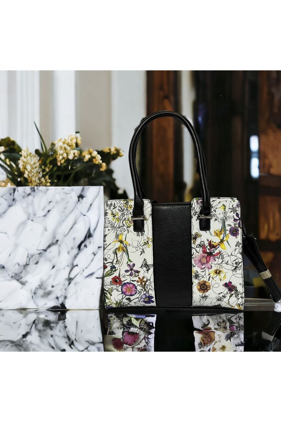 Inspi black handbag with floral pattern - 4