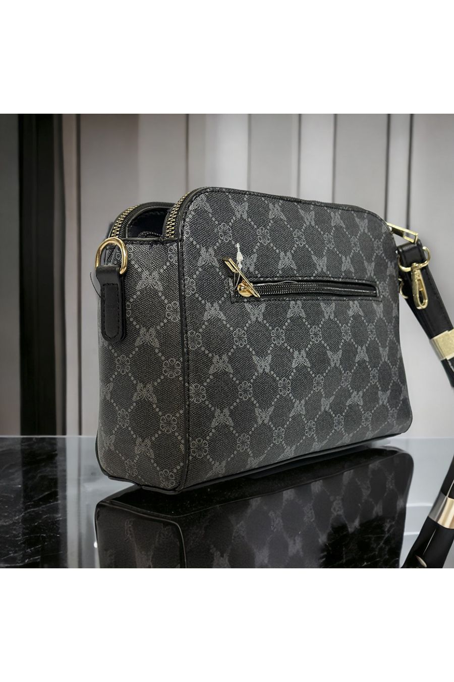 Inspi black patterned handbag with 3 closures - 1
