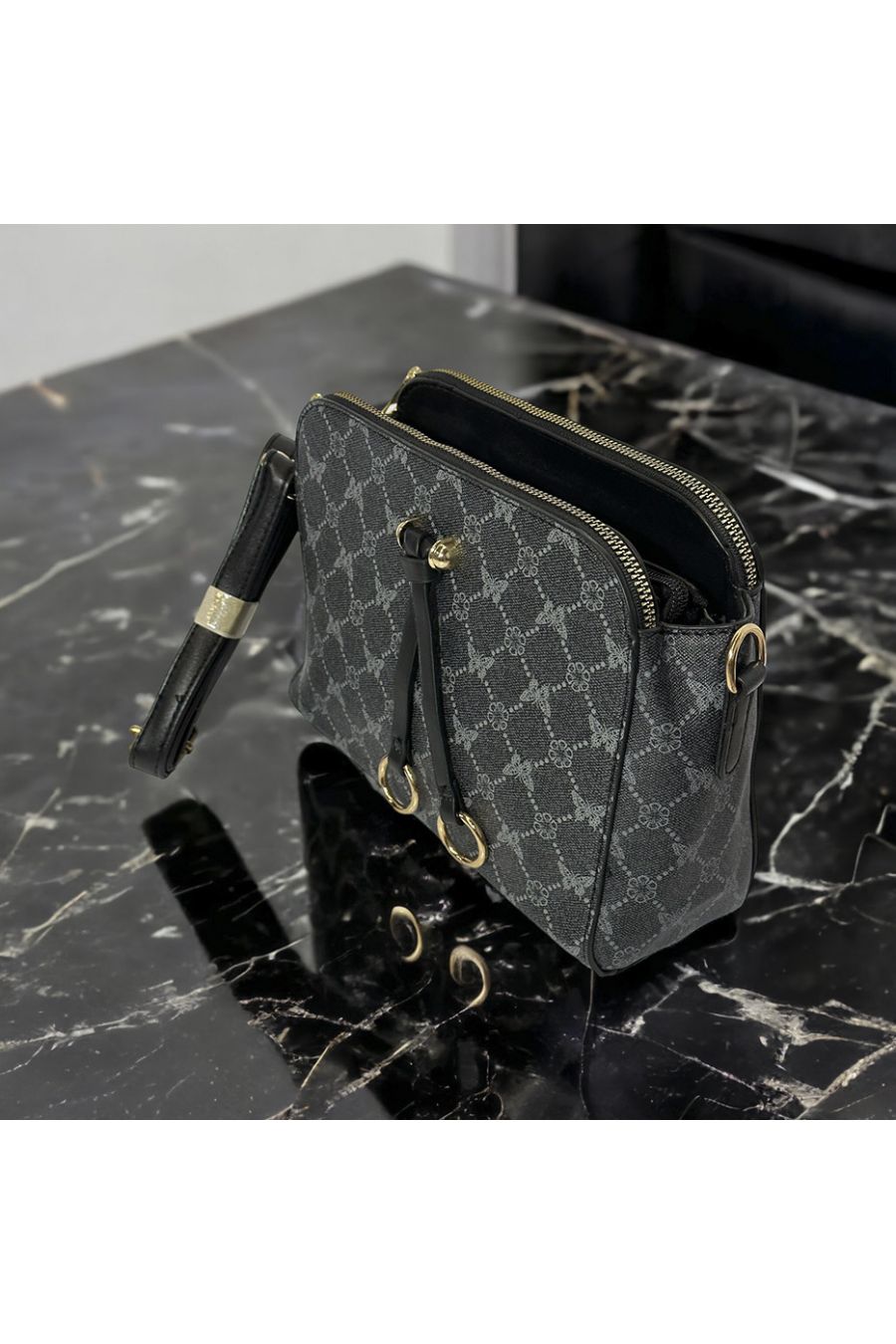 Inspi black patterned handbag with 3 closures - 3