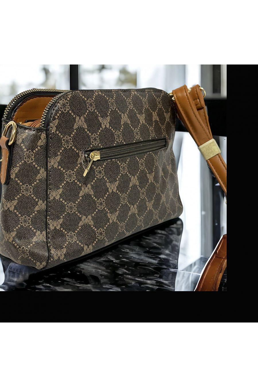 Inspi brown patterned handbag with 3 closures - 1