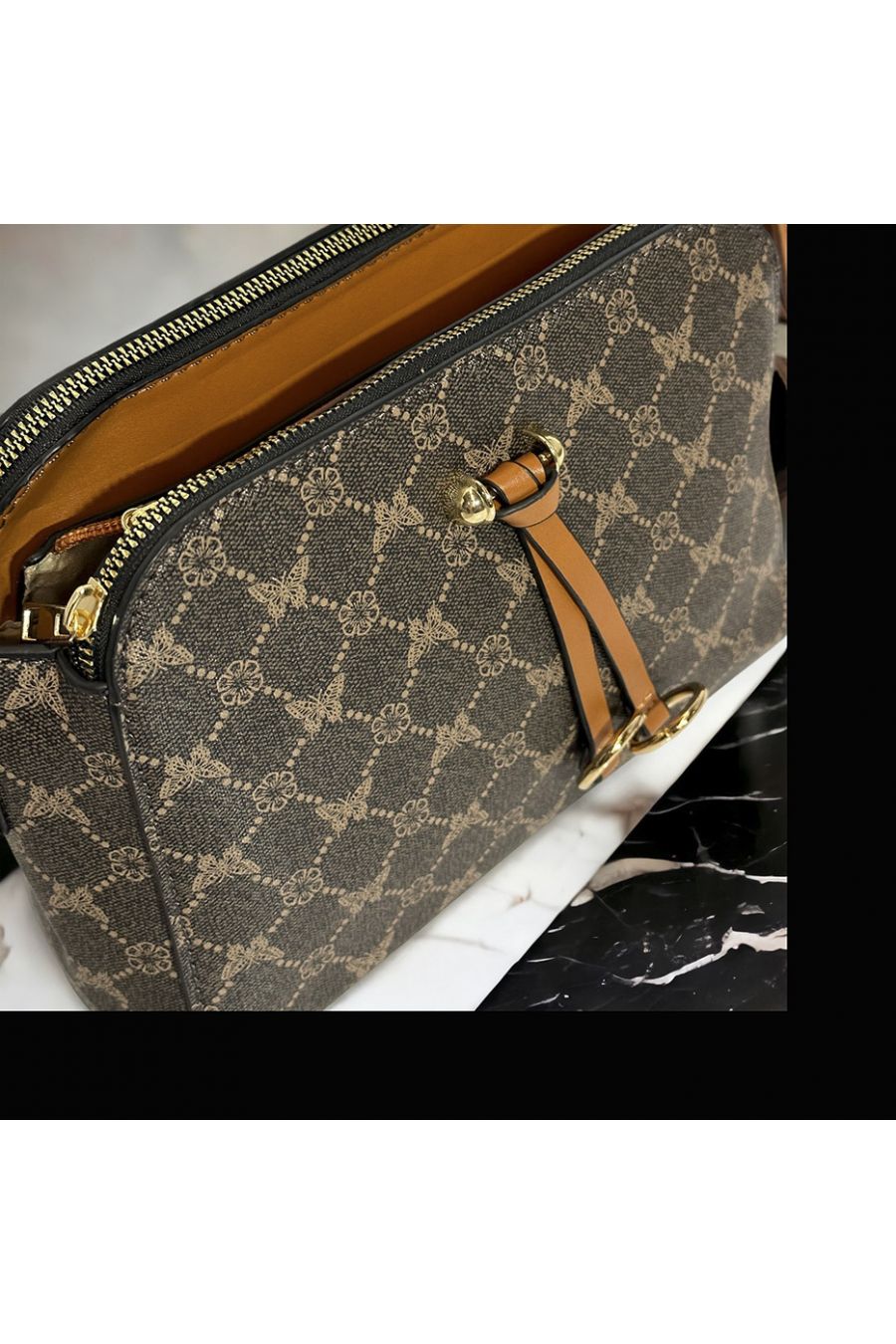 Inspi brown patterned handbag with 3 closures - 2