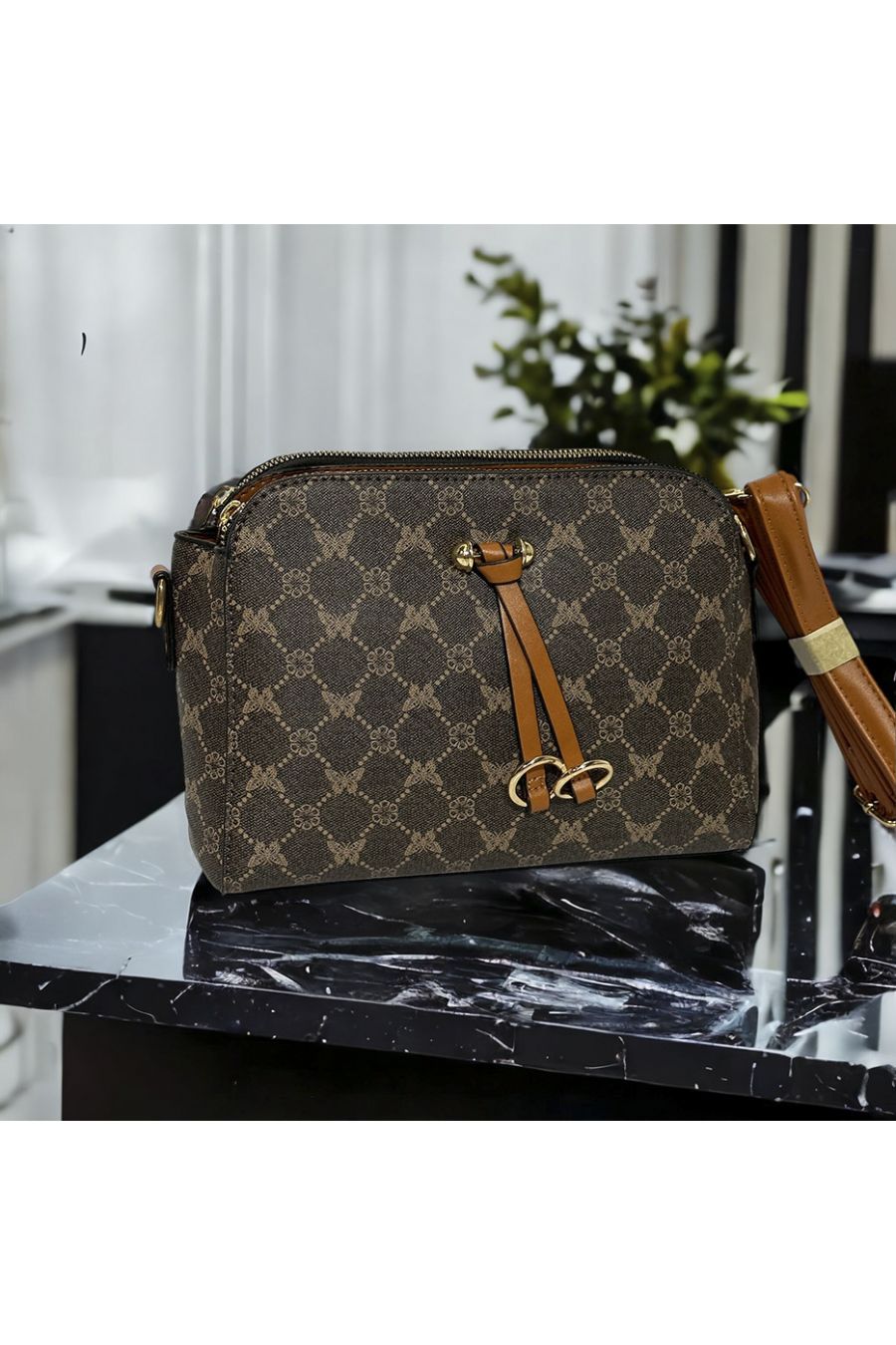 Inspi brown patterned handbag with 3 closures - 3