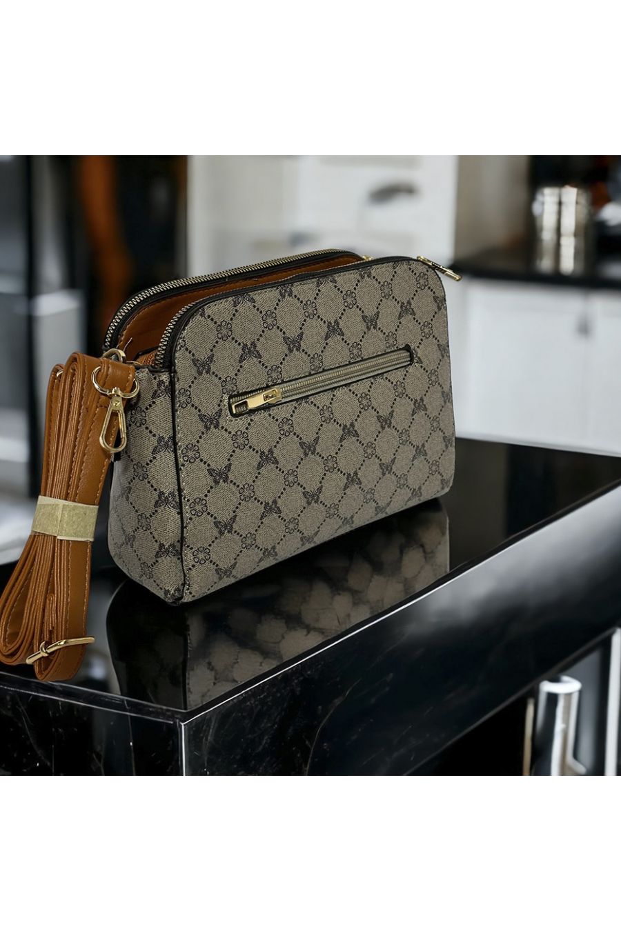 Sac à main inspi gris à motif avec 3 fermetures - 1