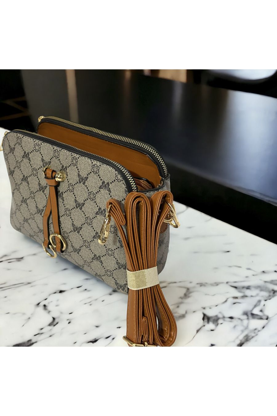 Inspi gray patterned handbag with 3 closures - 2