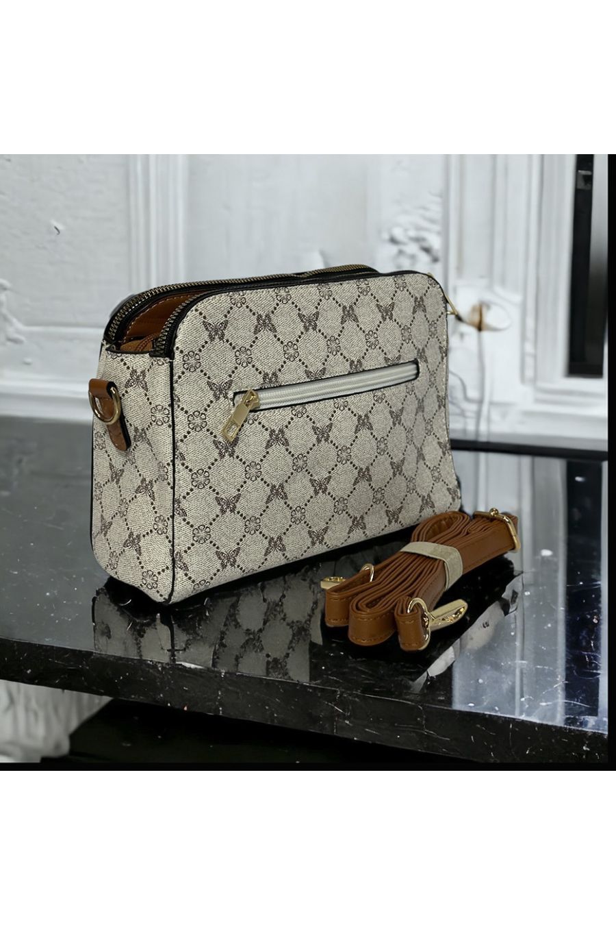 Sac à main inspi gris à motif avec 3 fermetures - 1