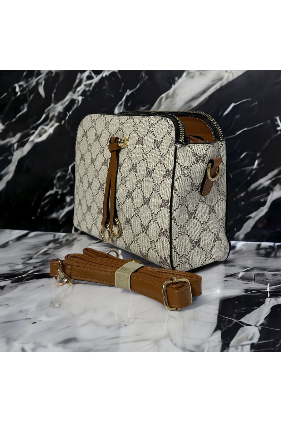 Inspi gray patterned handbag with 3 closures - 2