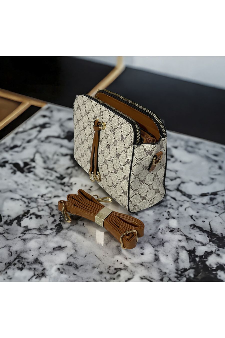 Sac à main inspi gris à motif avec 3 fermetures - 3