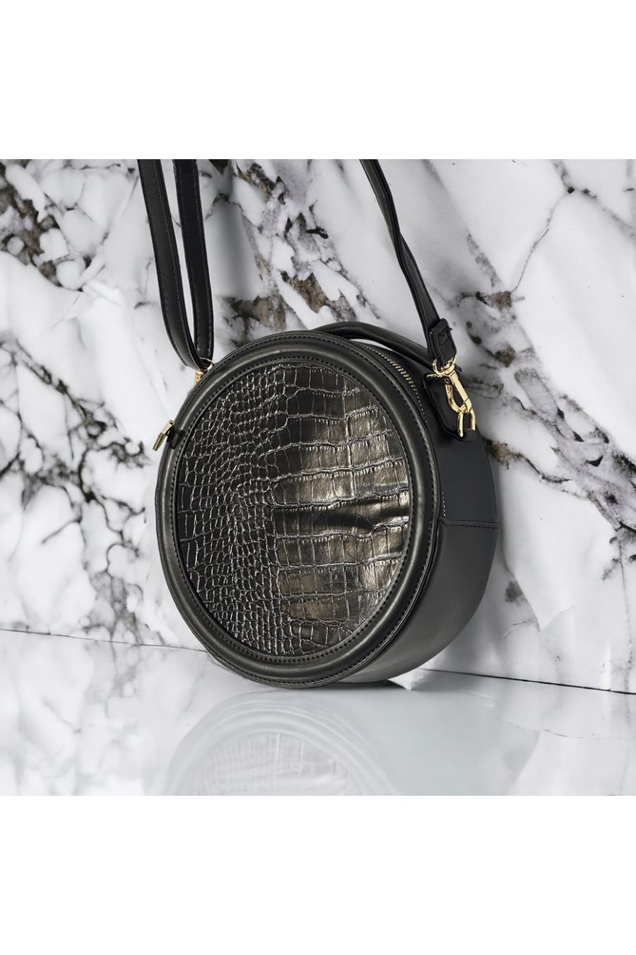 Sac à main inspi rond noir croco  - 2