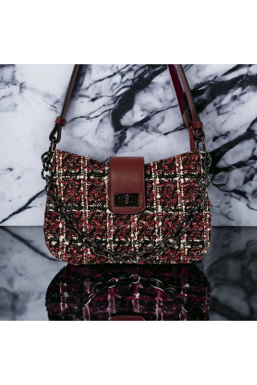 Sac à main inspi rouge motif tweed - 3