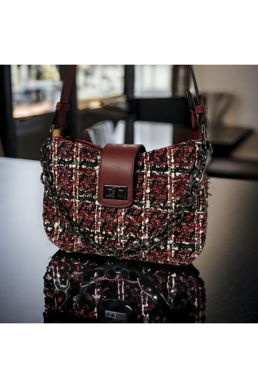 Inspi red tweed pattern handbag - 4