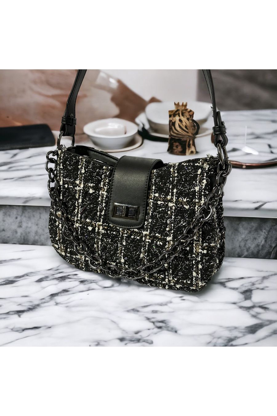 Inspi black tweed pattern handbag - 3