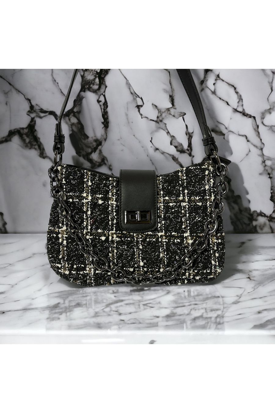 Sac à main inspi noir motif tweed - 4