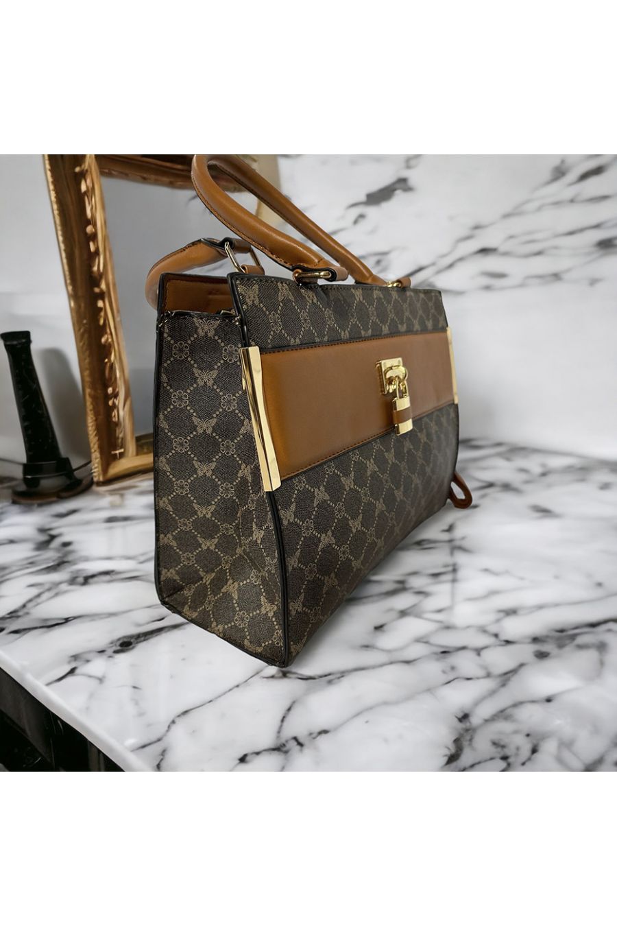 Sac à main inspi marron à motif et accessoire  - 1