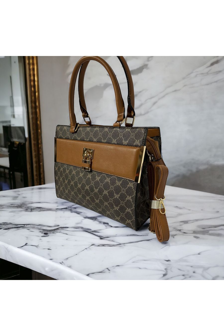 Sac à main inspi marron à motif et accessoire  - 2