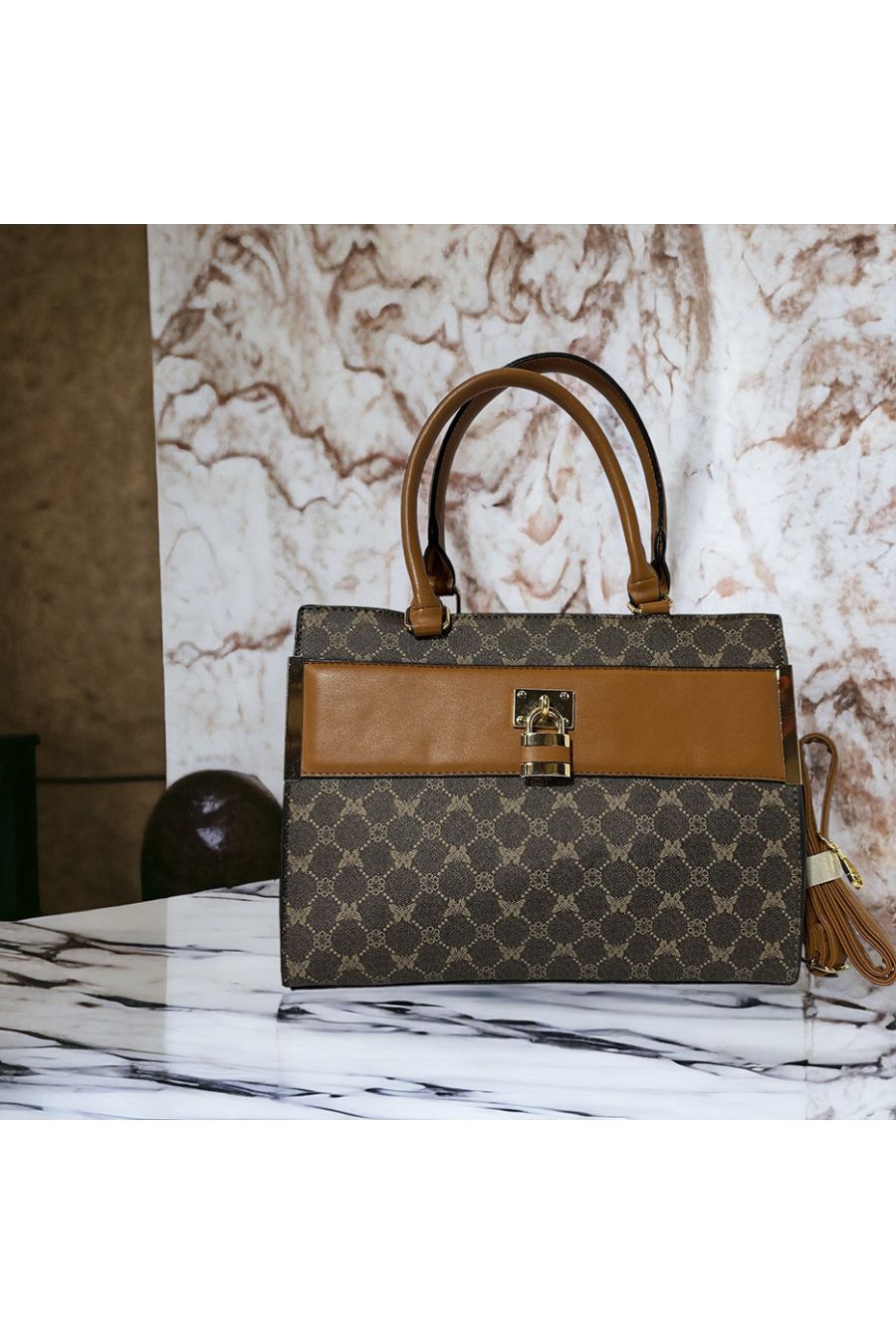 Sac à main inspi marron à motif et accessoire  - 3