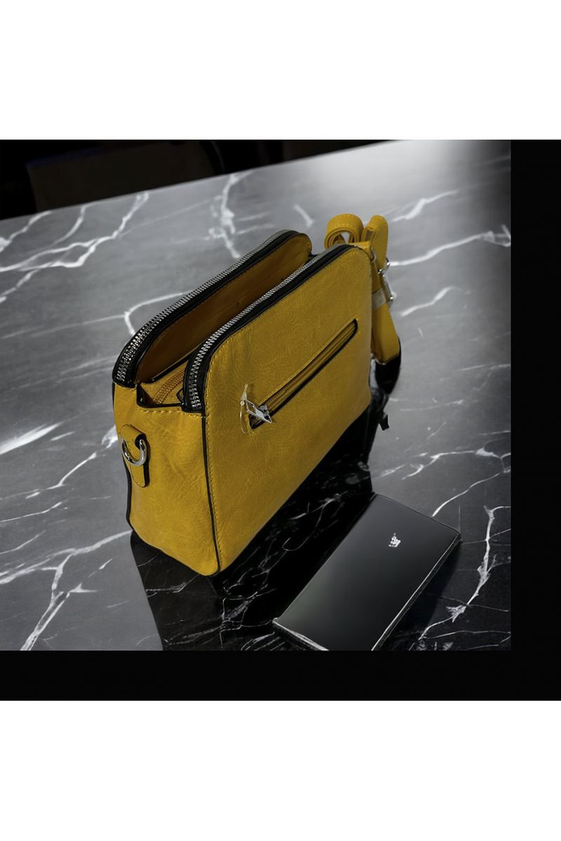 Inspirational mustard-colored handbag with 3 closures - 1