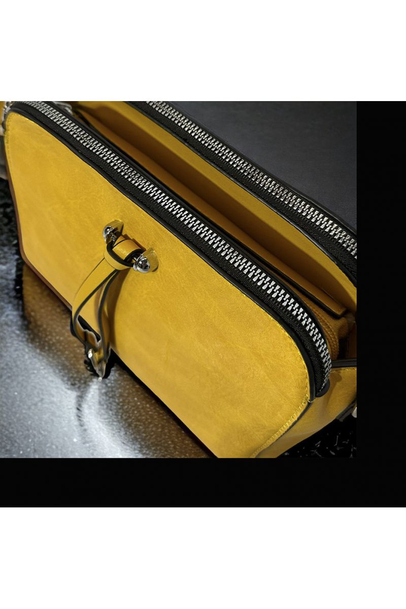 Inspirational mustard-colored handbag with 3 closures - 2