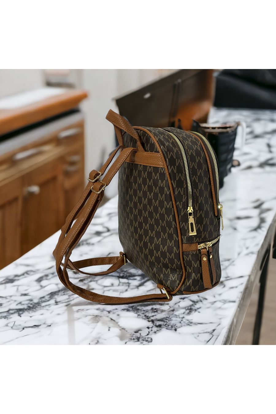 Large brown M pattern inspired backpack - 1