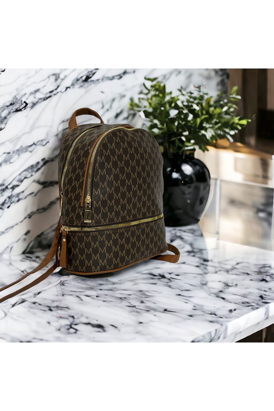 Large brown M pattern inspired backpack - 3