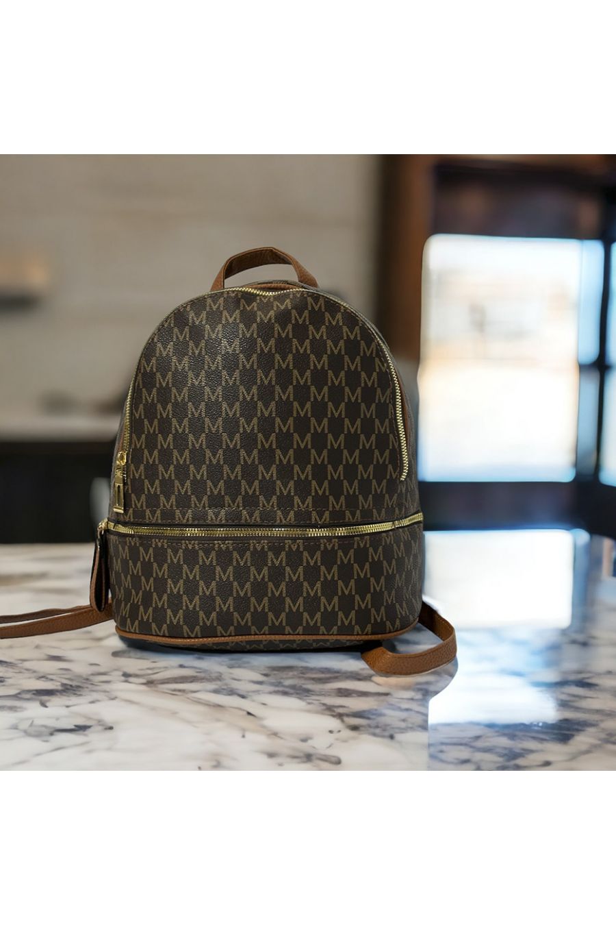 Large brown M pattern inspired backpack - 4