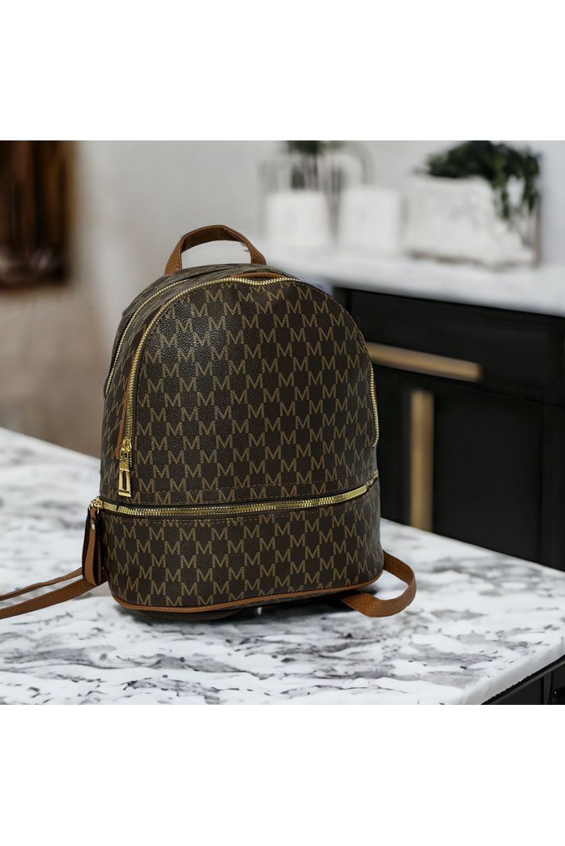 Large brown M pattern inspired backpack - 5