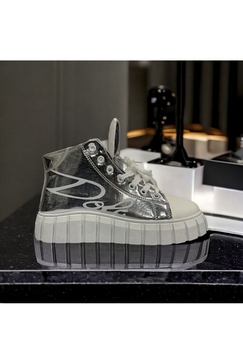 Shiny silver high-top sneaker - 1
