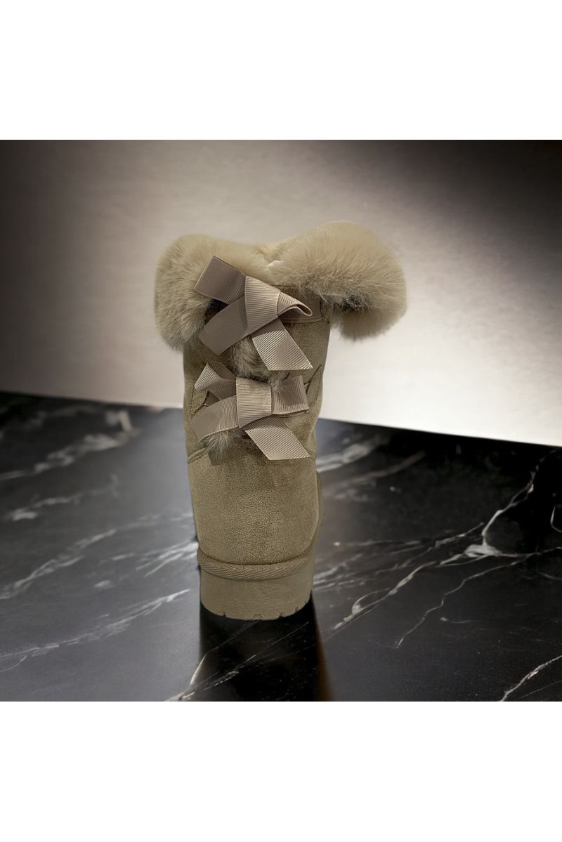 Beige suède enkellaars met voering van bont - 1