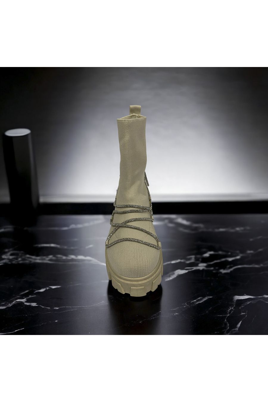 Beige sock ankle boot with silver lace - 1
