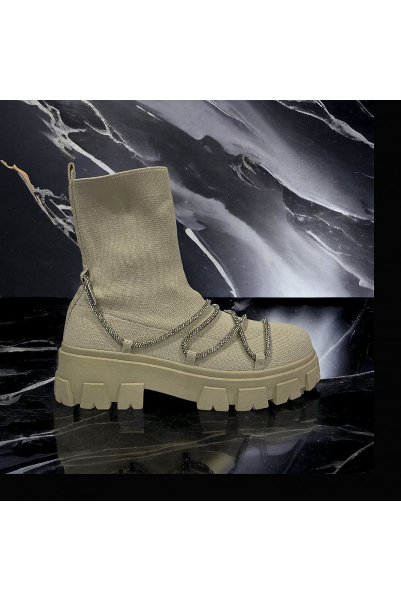 Bottine chaussette beige lacet argenté  - 2
