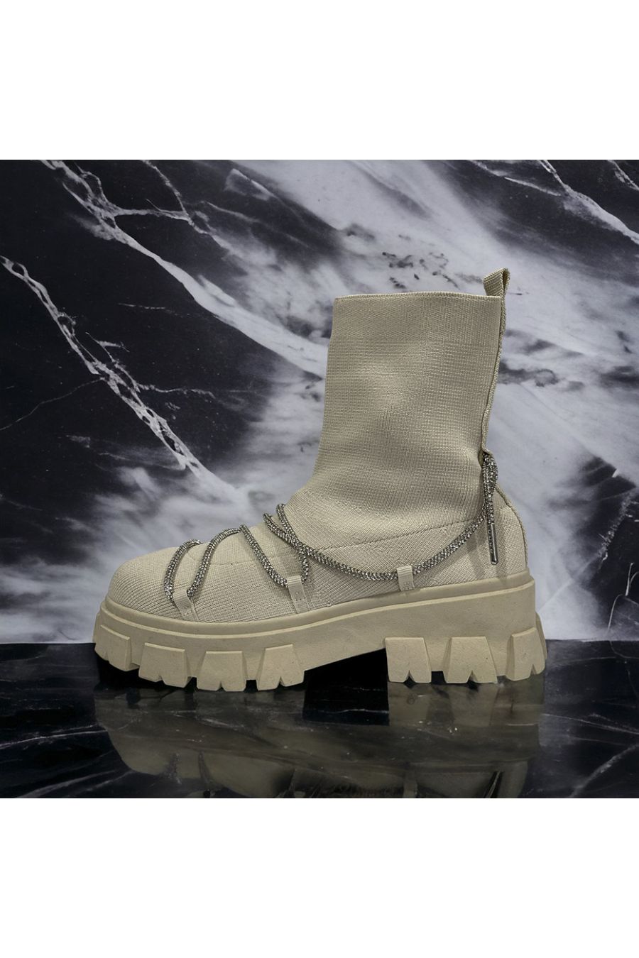 Beige sock ankle boot with silver lace - 3