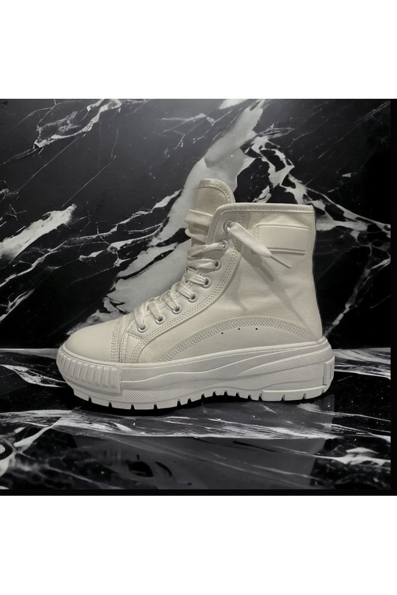 High shoe in white canvas with white laces - 1