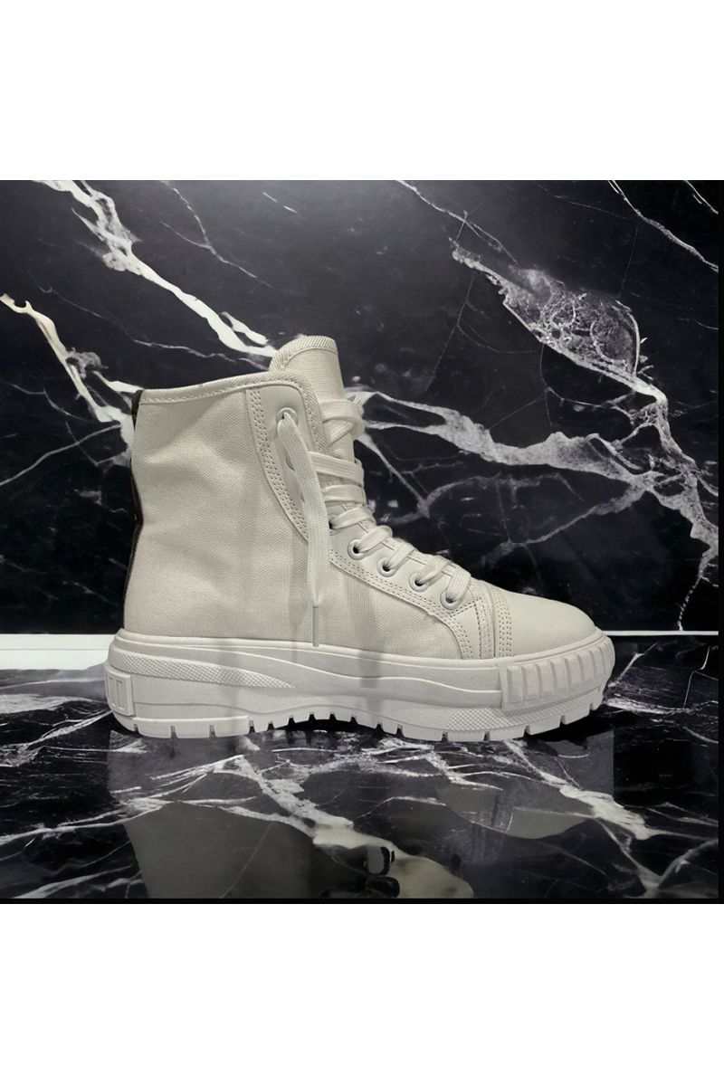 High shoe in white canvas with white laces - 3