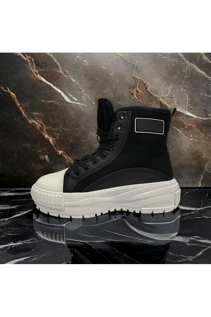 High-top shoe in black canvas with black laces - 2