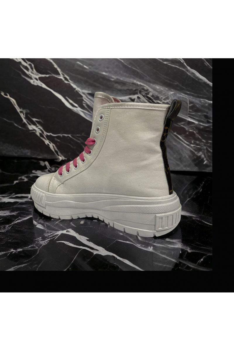 Chaussure montante en toile blanche lacet rose - 1