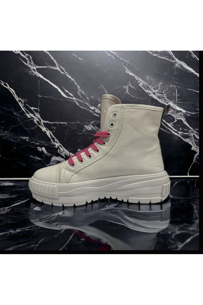Chaussure montante en toile blanche lacet rose - 2