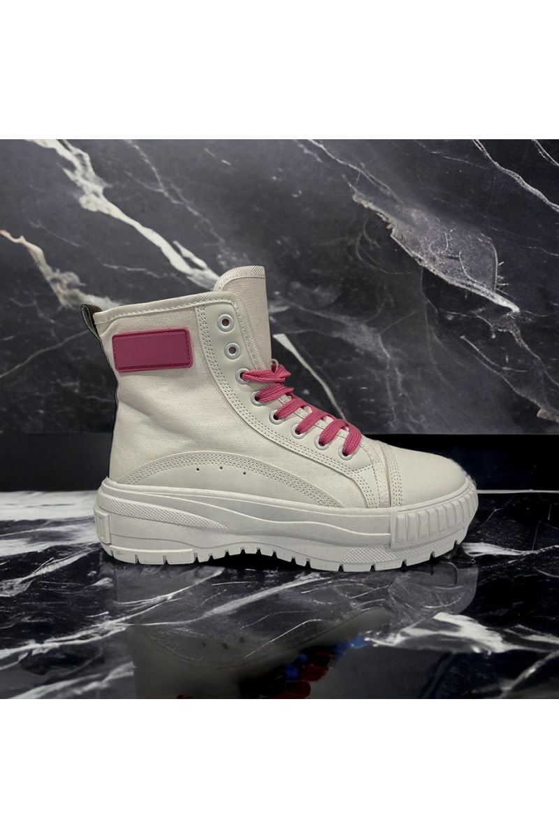 High-top shoe in white canvas with pink laces - 4