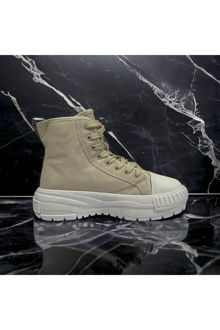 Hoge schoen van beige canvas met beige veters - 3