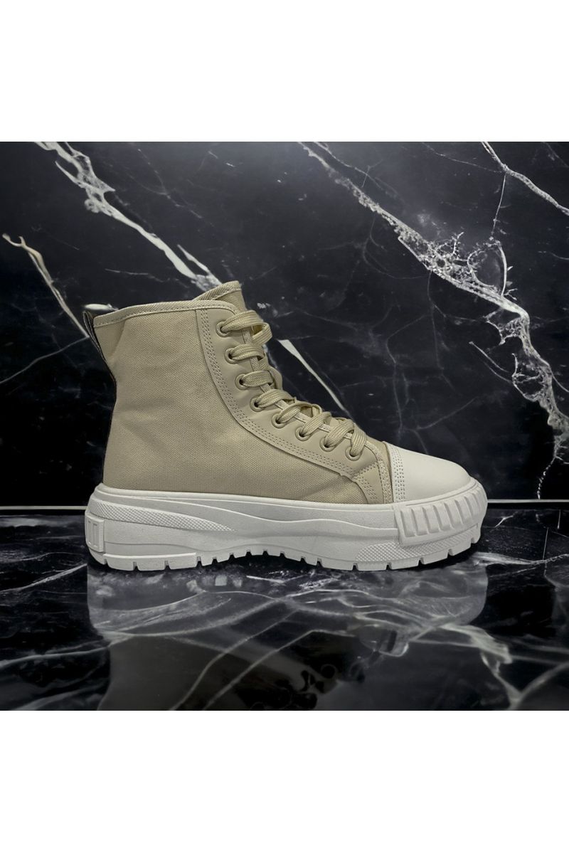 High-top shoe in beige canvas with beige laces - 3