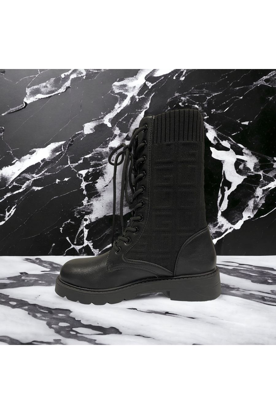 Black lace-up ankle boot with inspired pattern - 1