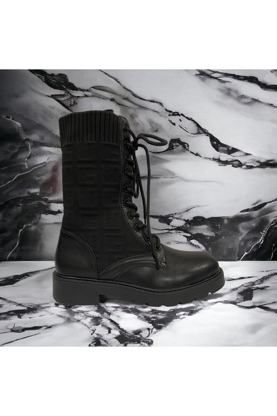 Black lace-up ankle boot with inspired pattern - 3