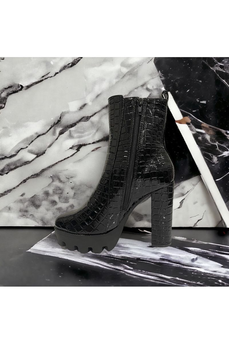 High-heeled black croco ankle boot - 1
