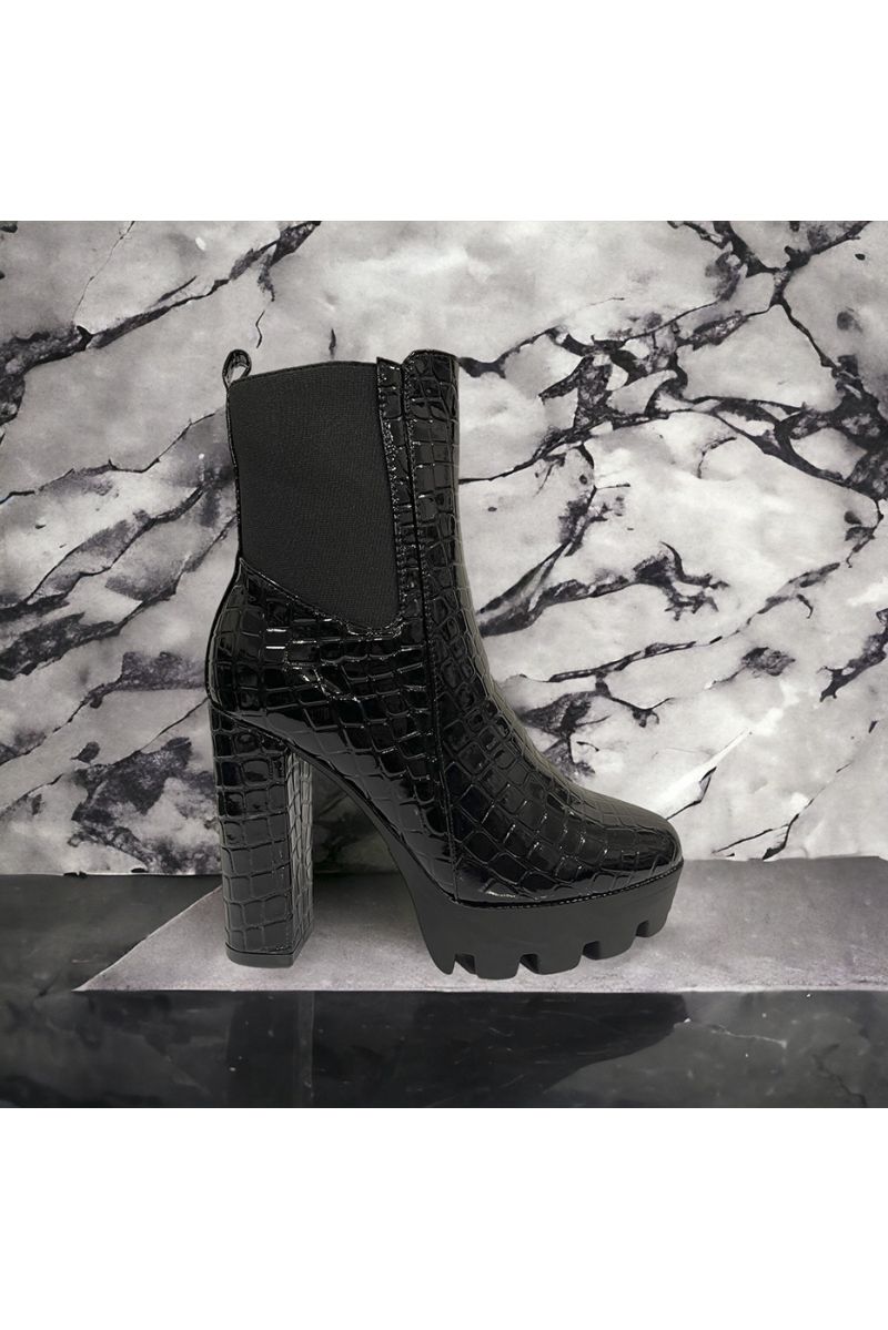 High-heeled black croco ankle boot - 2