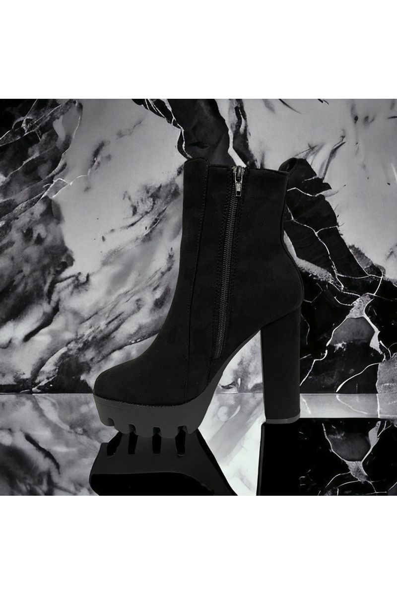 Black suedette high heel ankle boot - 1