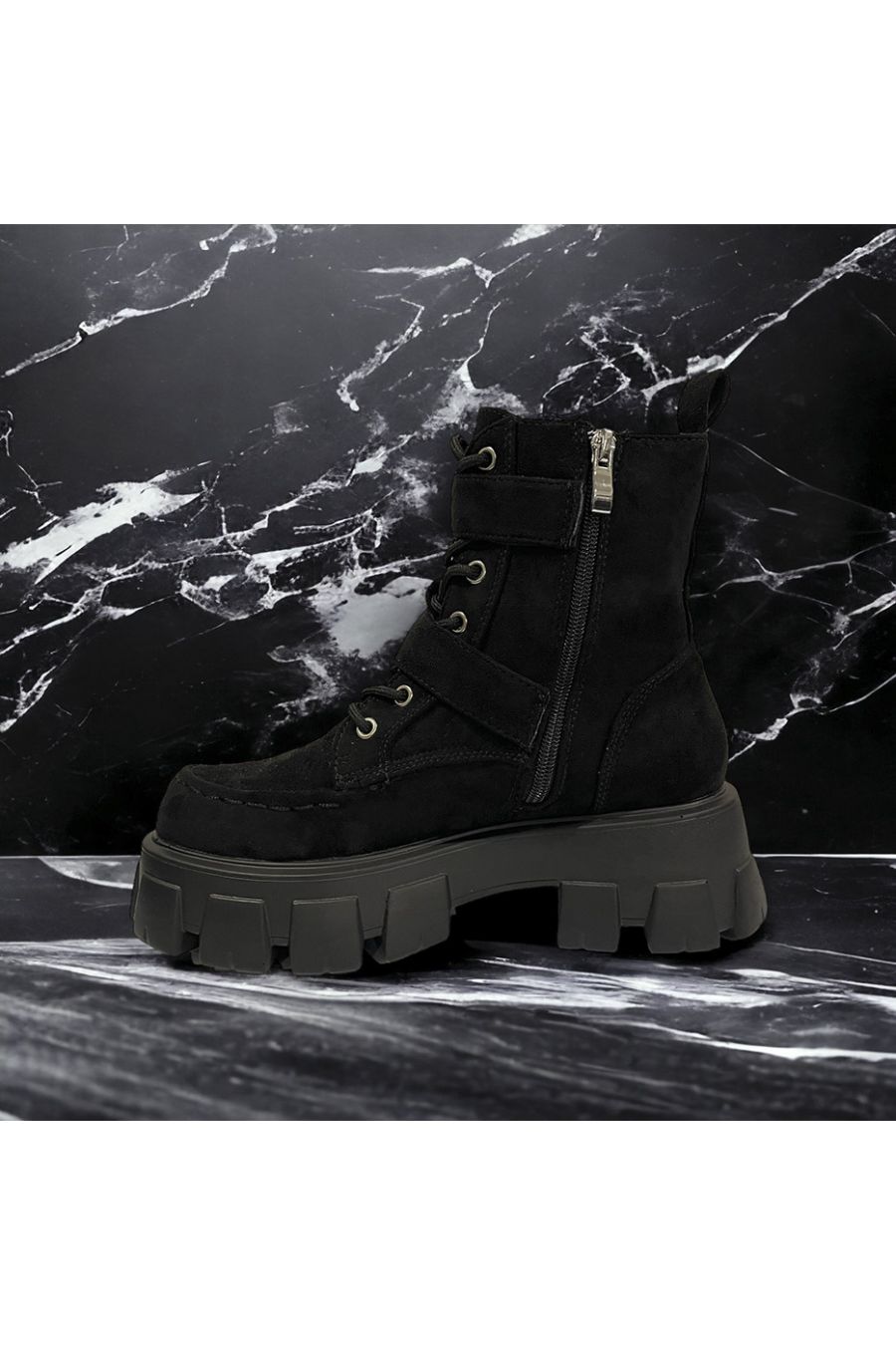 High sole black suedette ankle boot - 1