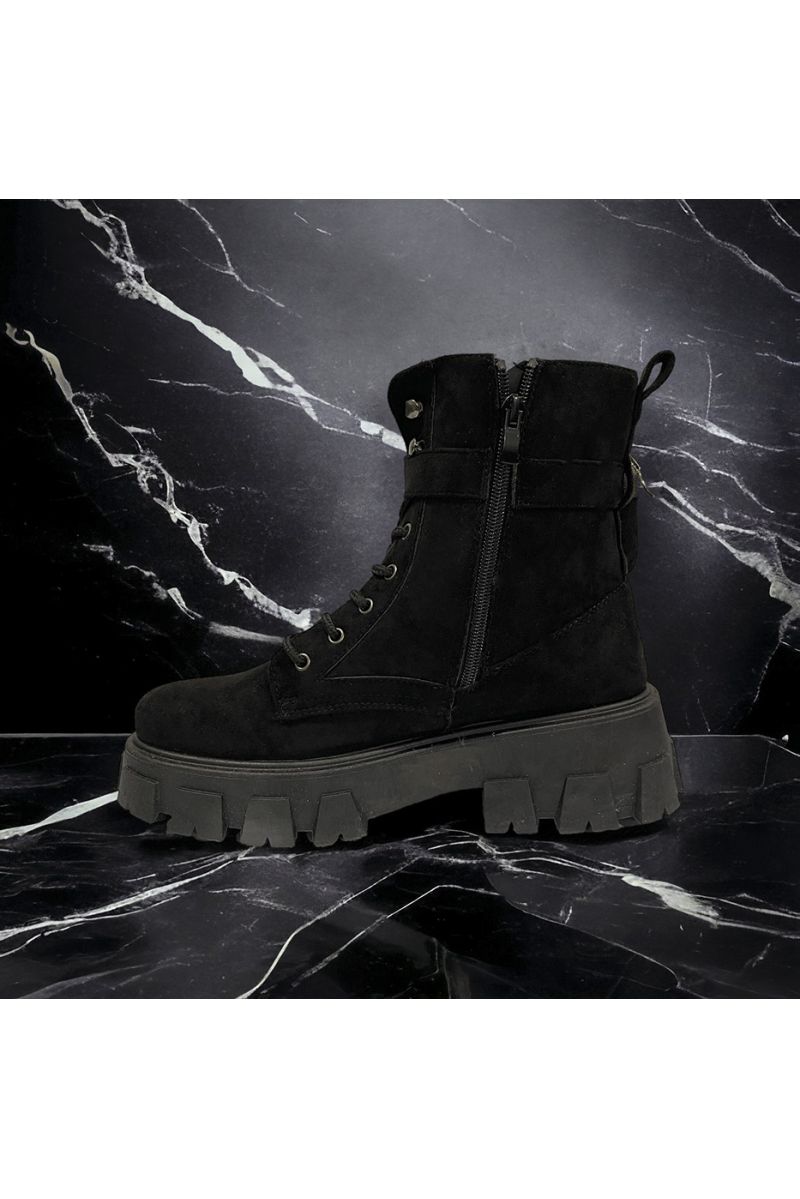 Black suede ankle boot with pocket - 1