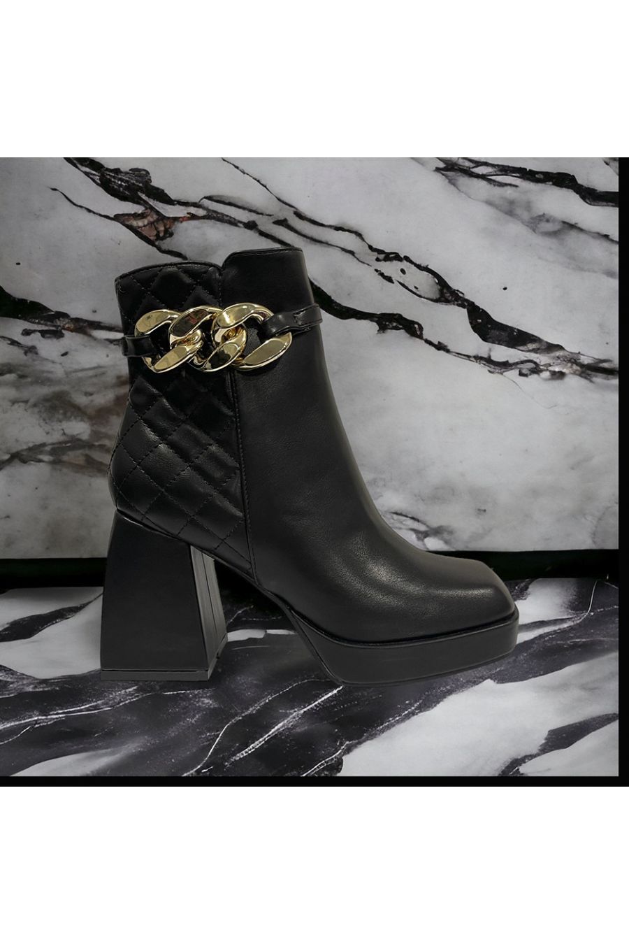 Black quilted ankle boot with accessory - 2