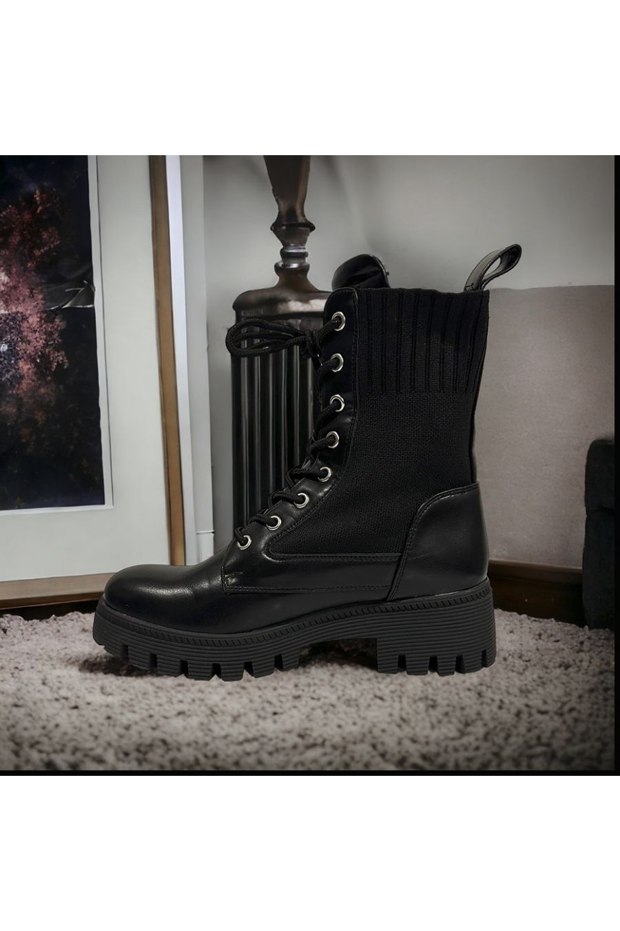 Black sock ankle boot with lace - 1