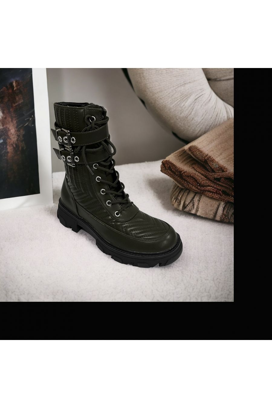 Quilted khaki ankle boot - 3